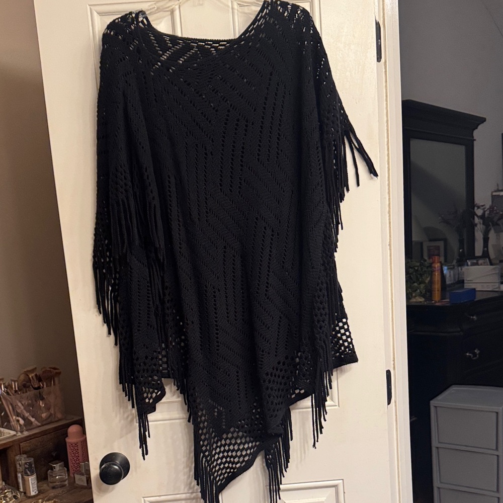 Black Fringe Knit Poncho